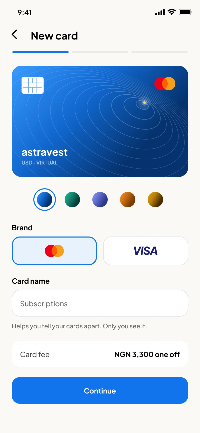 Choosing a card design: five colourways and Visa or Mastercard.
