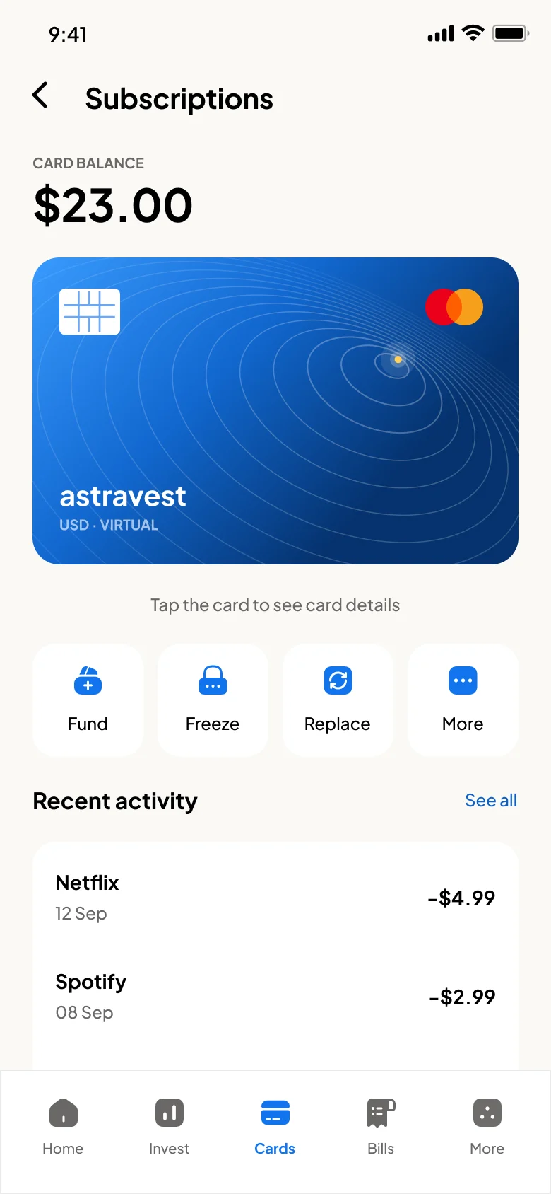 Card details with the card balance, fund and freeze actions.