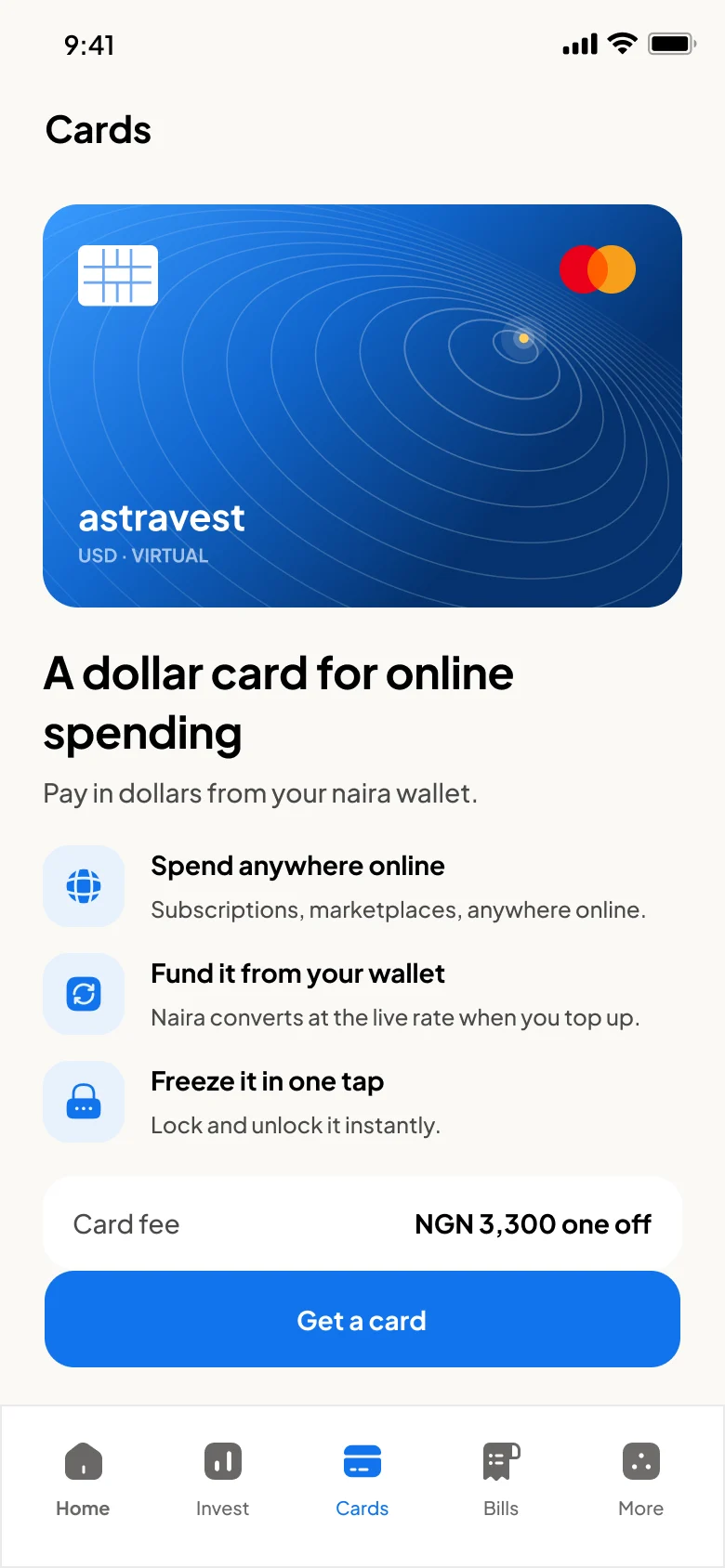 The AstraVest cards screen showing a USD virtual card and its balance.