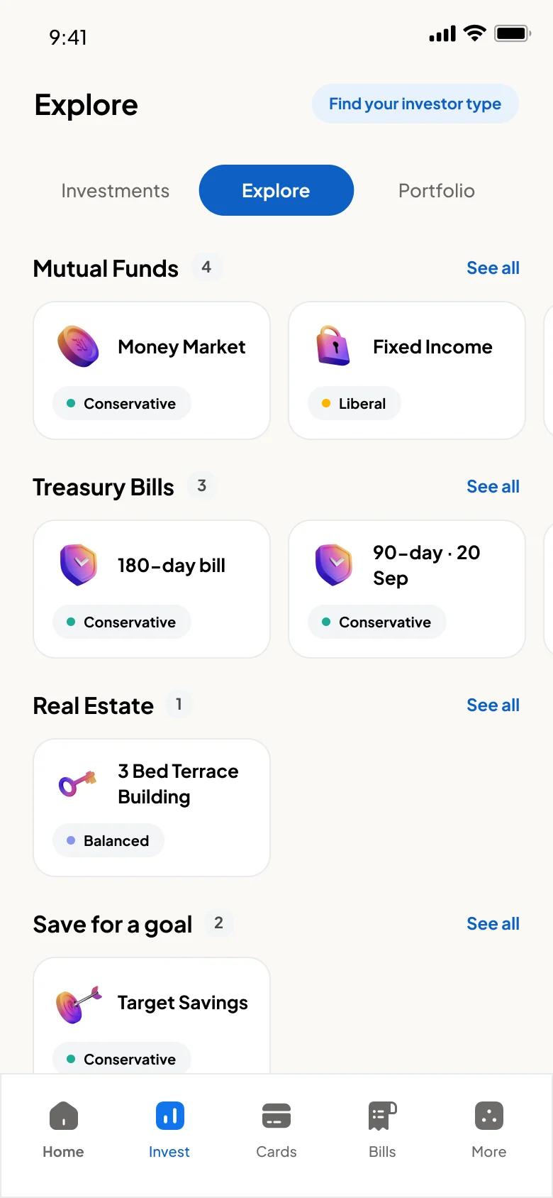 The AstraVest Invest tab listing mutual funds, treasury bills and real estate.
