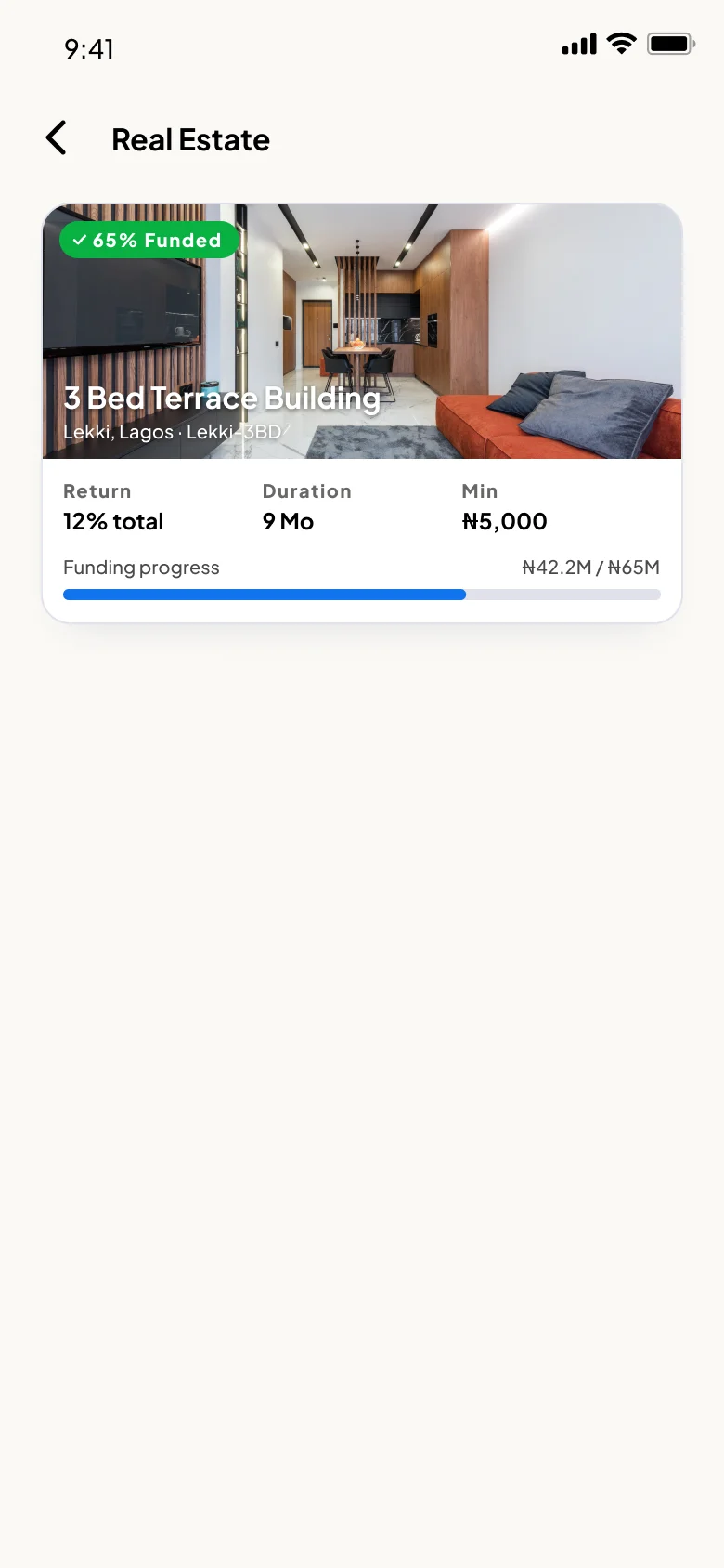 A real estate listing in the AstraVest app with funding progress and project duration.